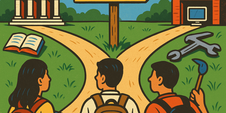 Ilustración en estilo editorial que muestre a jóvenes frente a una bifurcación: una vía lleva a una universidad, la otra a un taller de trabajo. En el centro, un letrero que dice “Nuevo Bachillerato Nacional”. Colores brillantes, estilo educativo.