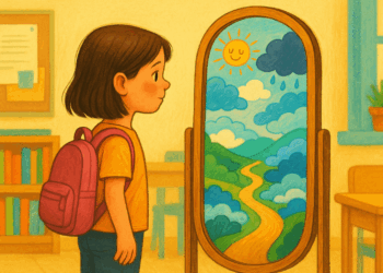 Niña observando su reflejo en un espejo que muestra un paisaje emocional lleno de colores y símbolos.