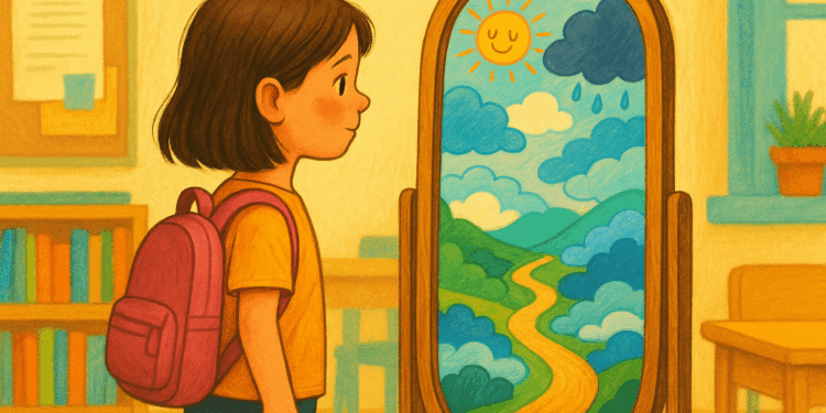 Niña observando su reflejo en un espejo que muestra un paisaje emocional lleno de colores y símbolos.