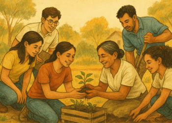 Estudiantes y docentes colaboran en un proyecto comunitario con igualdad de género.