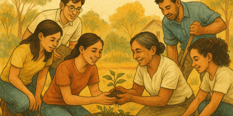 Estudiantes y docentes colaboran en un proyecto comunitario con igualdad de género.