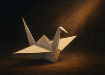 Ilustración de una grulla de origami iluminada, símbolo de paz y memoria de Hiroshima y Nagasaki.