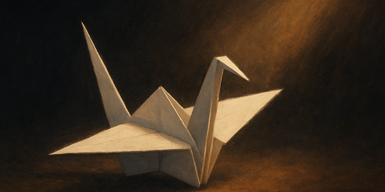 Ilustración de una grulla de origami iluminada, símbolo de paz y memoria de Hiroshima y Nagasaki.