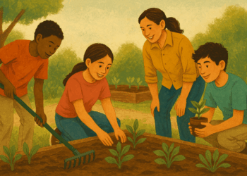 Estudiantes y docentes trabajando juntos en un proyecto comunitario que refleja identidad y tradiciones.