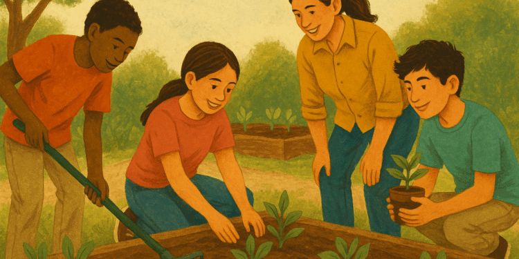 Estudiantes y docentes trabajando juntos en un proyecto comunitario que refleja identidad y tradiciones.