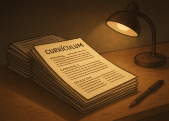 Ilustración conceptual de una mesa de madera en tonos cálidos, con una pila de currículums impresos bajo la luz de una lámpara encendida. Un bolígrafo descansa junto a los papeles, mientras la iluminación tenue crea un ambiente sobrio y reflexivo.