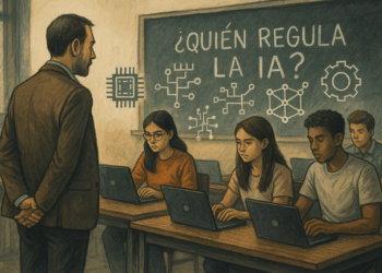 Ilustración de un aula universitaria con un docente y estudiantes usando laptops, con íconos de IA flotando y la pregunta “¿Quién regula la IA?” en el pizarrón.
