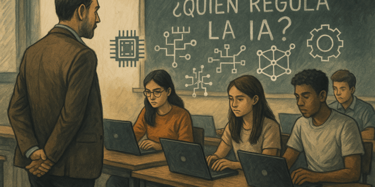 Ilustración de un aula universitaria con un docente y estudiantes usando laptops, con íconos de IA flotando y la pregunta “¿Quién regula la IA?” en el pizarrón.