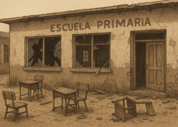 Ilustración de una escuela primaria mexicana con ventanas rotas y pupitres dañados, representando vandalismo y saqueo en vacaciones.