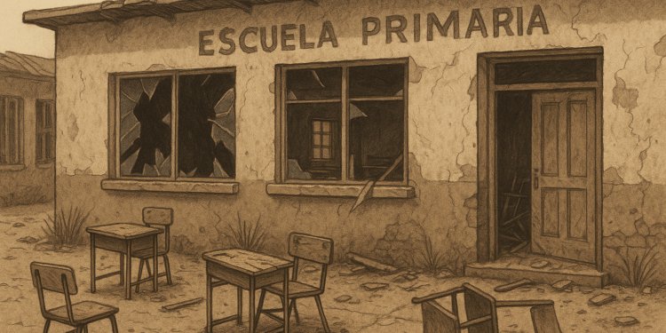 Ilustración de una escuela primaria mexicana con ventanas rotas y pupitres dañados, representando vandalismo y saqueo en vacaciones.