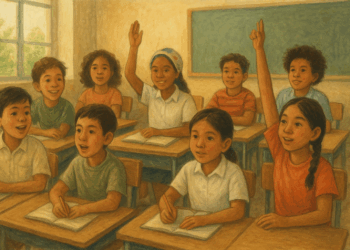 Ilustración de un aula primaria mexicana con niñas y niños diversos participando activamente, reflejando pluralidad de experiencias e imaginarios infantiles.