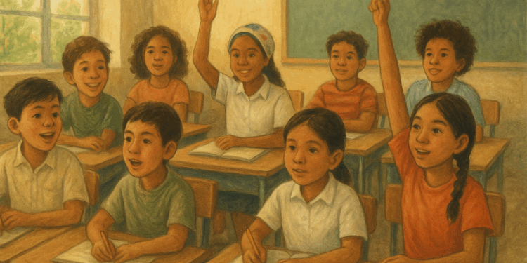 Ilustración de un aula primaria mexicana con niñas y niños diversos participando activamente, reflejando pluralidad de experiencias e imaginarios infantiles.