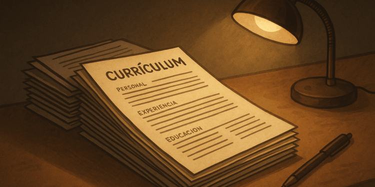 Ilustración conceptual de una mesa de madera en tonos cálidos, con una pila de currículums impresos bajo la luz de una lámpara encendida. Un bolígrafo descansa junto a los papeles, mientras la iluminación tenue crea un ambiente sobrio y reflexivo.