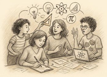 Docentes de distintas edades y contextos colaborando en un espacio creativo que integra elementos de ciencia, arte y tecnología en un ambiente educativo y luminoso