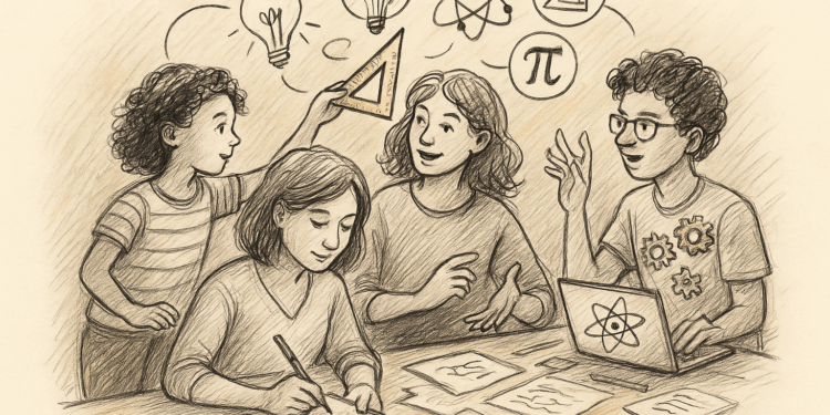 Docentes de distintas edades y contextos colaborando en un espacio creativo que integra elementos de ciencia, arte y tecnología en un ambiente educativo y luminoso