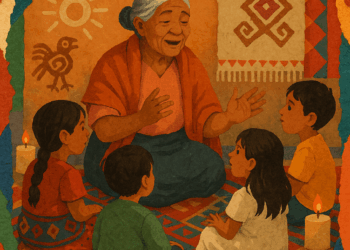 Fotografía de una abuela narrando un cuento a niñas y niños en un espacio comunitario, rodeados de elementos tradicionales (petates, textiles bordados, utensilios de barro).
