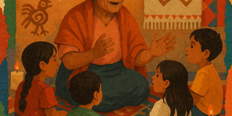 Fotografía de una abuela narrando un cuento a niñas y niños en un espacio comunitario, rodeados de elementos tradicionales (petates, textiles bordados, utensilios de barro).