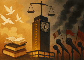 Ilustración que representa la tensión ética de la UNAM entre su discurso de paz y sus pronunciamientos políticos.
