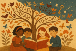 Collage artístico que representa el poder de los cuentos para abrir la imaginación, cultivar la empatía y conservar la memoria colectiva.
