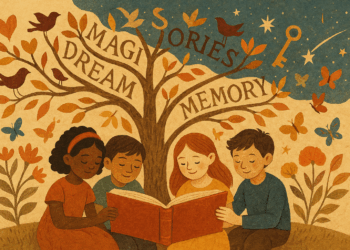 Collage artístico que representa el poder de los cuentos para abrir la imaginación, cultivar la empatía y conservar la memoria colectiva.