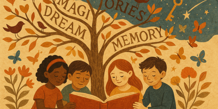Collage artístico que representa el poder de los cuentos para abrir la imaginación, cultivar la empatía y conservar la memoria colectiva.