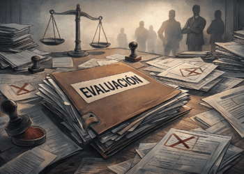 “Expediente de evaluación lleno de sellos tachados y documentos que representan opacidad y burocracia en los procesos docentes.”