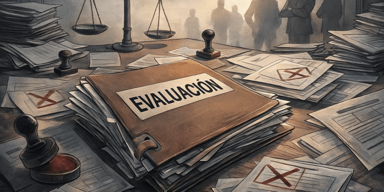 “Expediente de evaluación lleno de sellos tachados y documentos que representan opacidad y burocracia en los procesos docentes.”