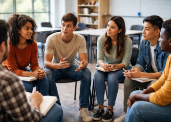 Estudiantes universitarios dialogan en círculo dentro de un aula, intercambiando argumentos y escuchándose mutuamente.
