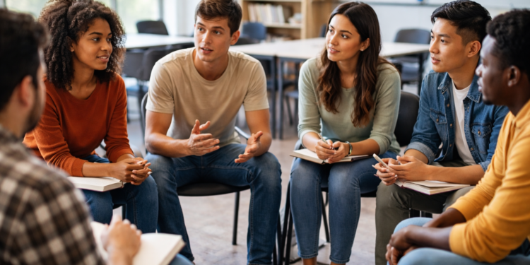 Estudiantes universitarios dialogan en círculo dentro de un aula, intercambiando argumentos y escuchándose mutuamente.