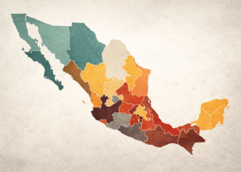 Ilustración conceptual de un mapa de México con contrastes visuales entre regiones que representan desigualdades educativas entre entidades federativas.
