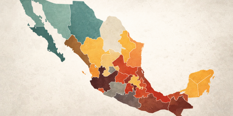 Ilustración conceptual de un mapa de México con contrastes visuales entre regiones que representan desigualdades educativas entre entidades federativas.