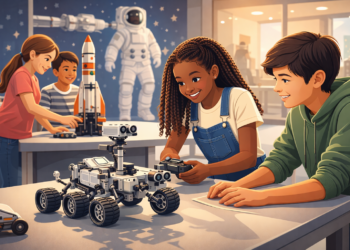 Niñas y niños participan en una actividad interactiva tipo estación espacial en un museo, colaborando para construir o probar un dispositivo de ciencia.