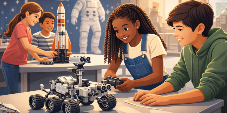 Niñas y niños participan en una actividad interactiva tipo estación espacial en un museo, colaborando para construir o probar un dispositivo de ciencia.