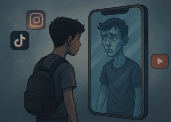“Adolescente observando un reflejo distorsionado en la pantalla de un smartphone rodeado de íconos de redes sociales.”