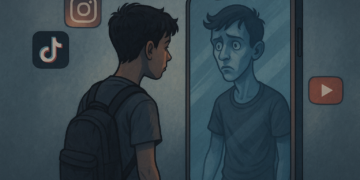“Adolescente observando un reflejo distorsionado en la pantalla de un smartphone rodeado de íconos de redes sociales.”