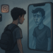 “Adolescente observando un reflejo distorsionado en la pantalla de un smartphone rodeado de íconos de redes sociales.”
