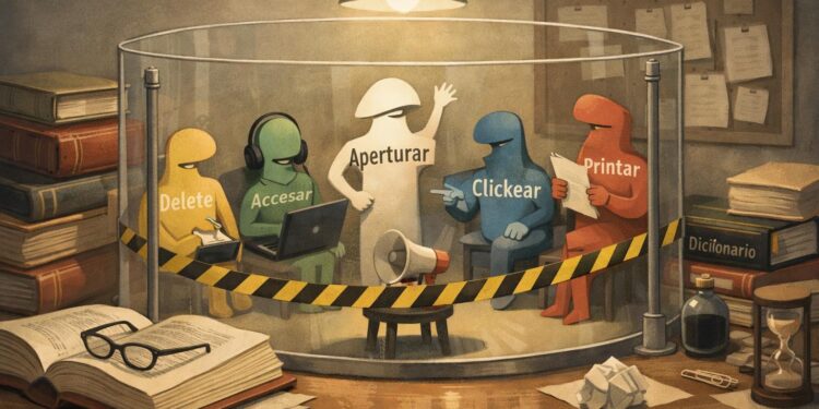 Ilustración editorial sobre el debate en torno a los neologismos y anglicismos en la lengua española y su aceptación académica.